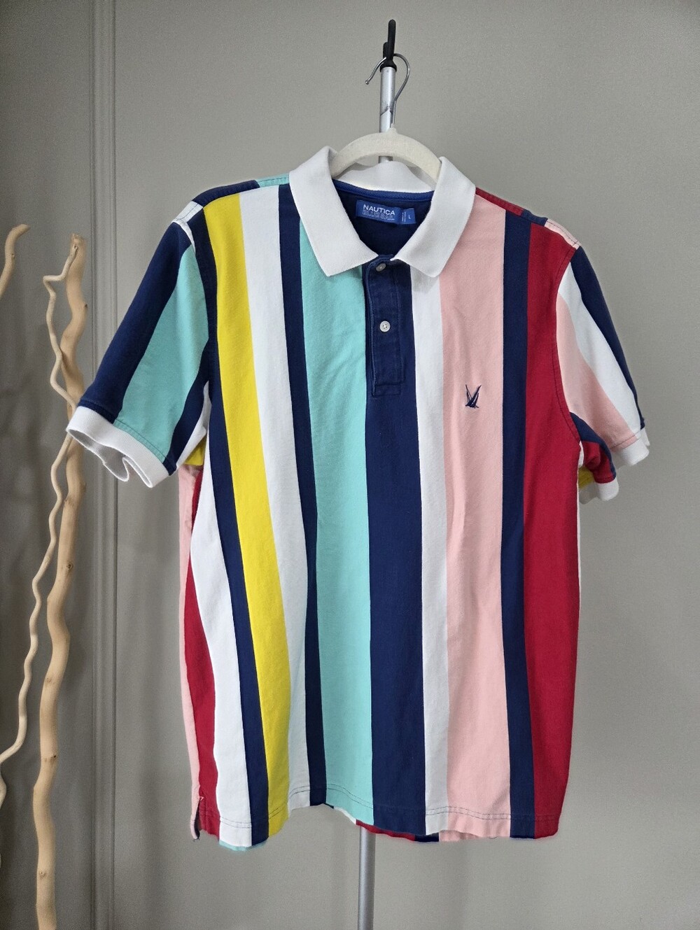 Nautica Bold Vertical Stripe Polo in Navy, Red, Pink, Yellow, Aqua, White Sz.L